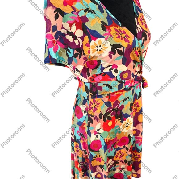 Salaam Medium Multicolor Floral Faux Wrap Side Tie Short Sleeve Dress - Picture 5 of 6
